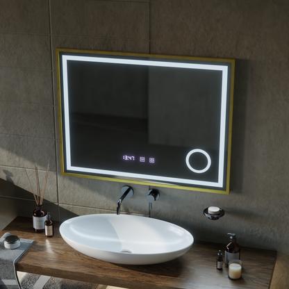 LED Touch CLARUS Система за размразяване на огледалото, часовник и температура 80x60 cm Златна рамка Матирана козметична лупа Огледала Korman S Заглавие по подразбиране Alessandro Design