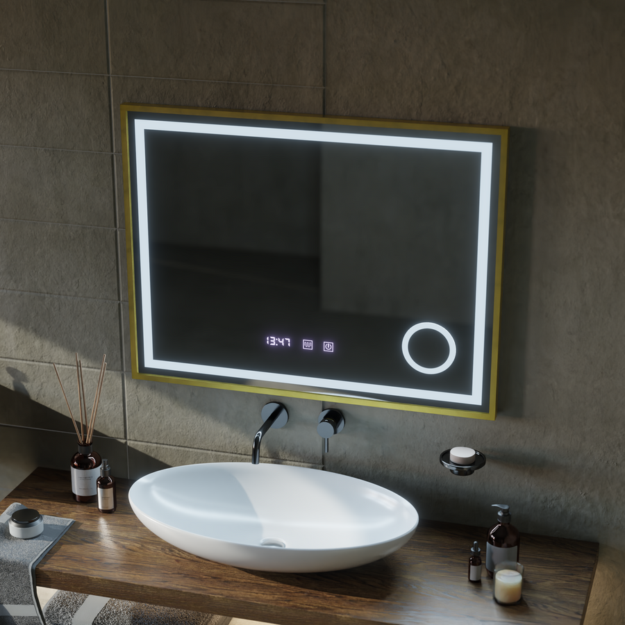 LED Touch CLARUS Система за размразяване на огледалото, часовник и температура 80x60 cm Златна рамка Матирана козметична лупа Огледала Korman S Заглавие по подразбиране Alessandro Design