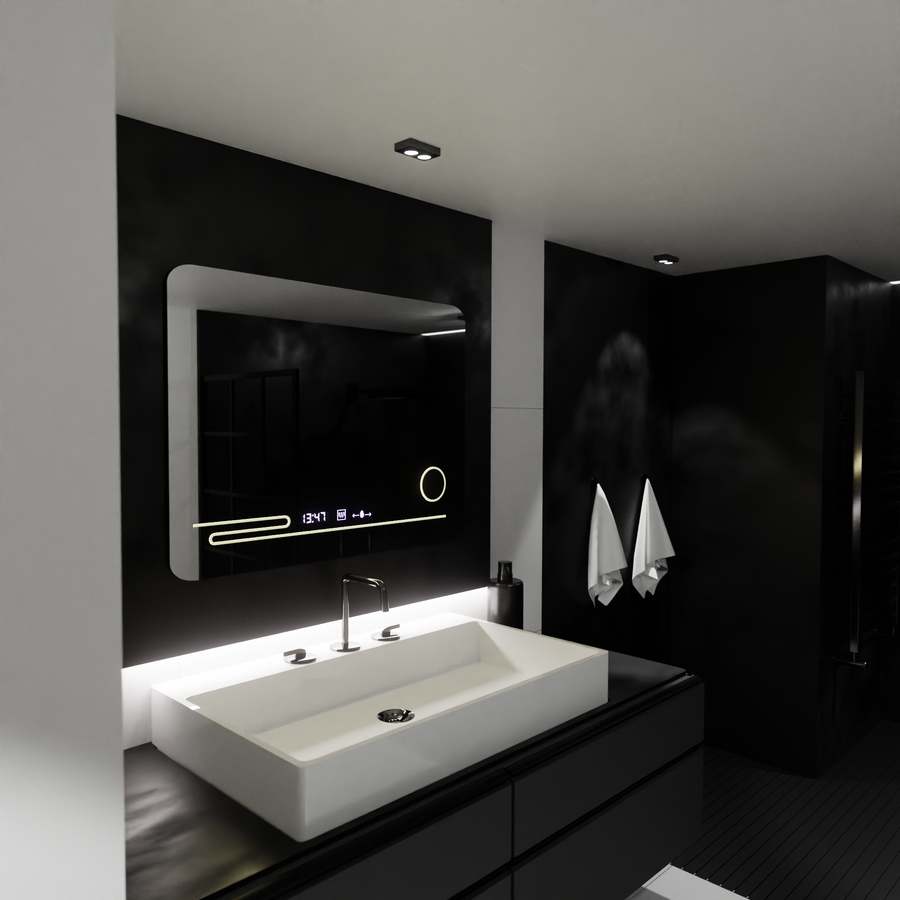 Правоъгълно LED огледало, 80x60 см, Harmonie MotionGlow Marcello, система за обезпотяване, термометър и часовник, козметична лупа, димируеми огледала Marcello Заглавие по подразбиране Alessandro Design