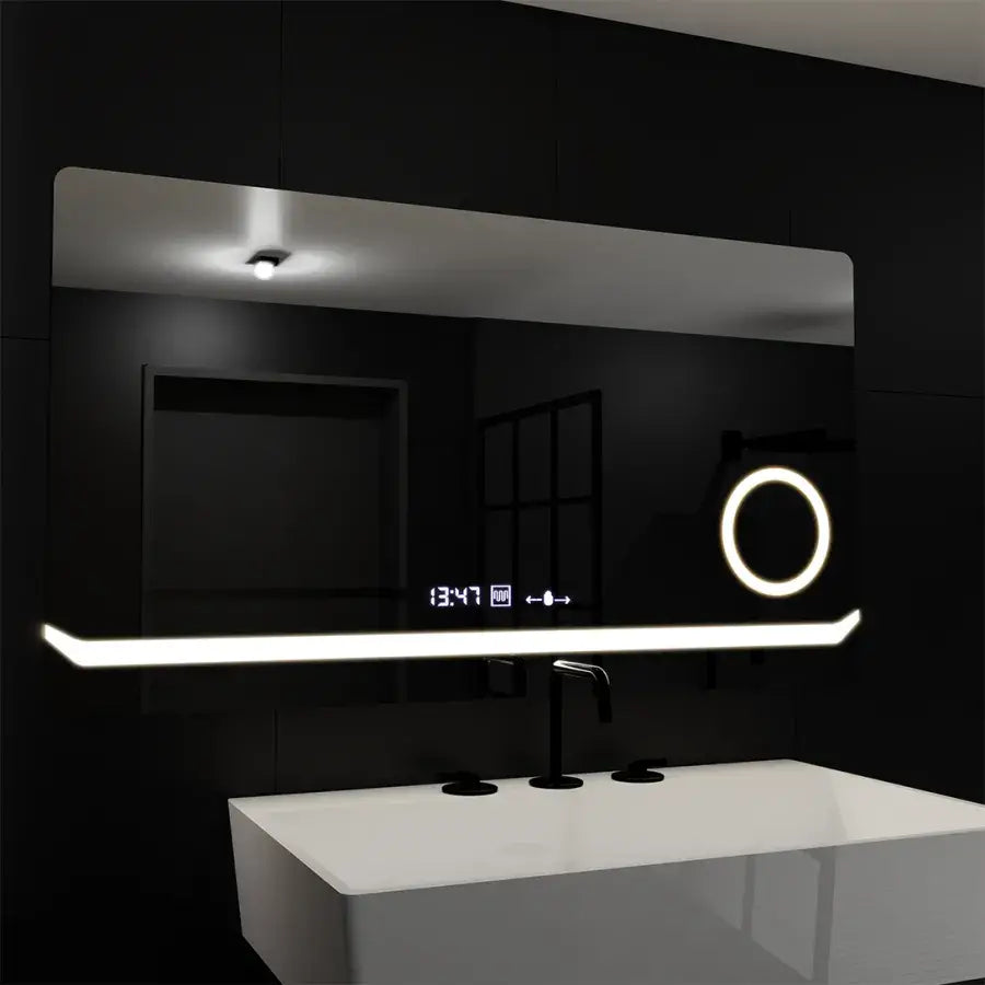 Правоъгълно LED огледало, 80x60 см, дефиниция MotionGlow Marcello, система за обезпотяване, часовник и термометър, козметична лупа, димируеми огледала Marcello Заглавие по подразбиране Alessandro Design