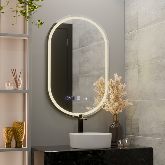 Овално LED огледало, 60x80 см, Eminence MotionGlow Marcello, система за обезпотяване, часовник и термометър, димируеми огледала Marcello Заглавие по подразбиране Alessandro Design