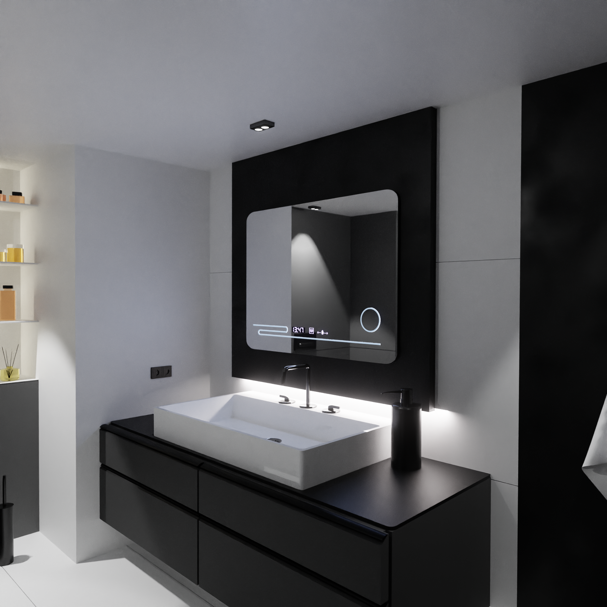 Правоъгълно LED огледало, 80x60 см, Harmonie MotionGlow Marcello, система за обезпотяване, термометър и часовник, козметична лупа, димируеми огледала Marcello Заглавие по подразбиране Alessandro Design