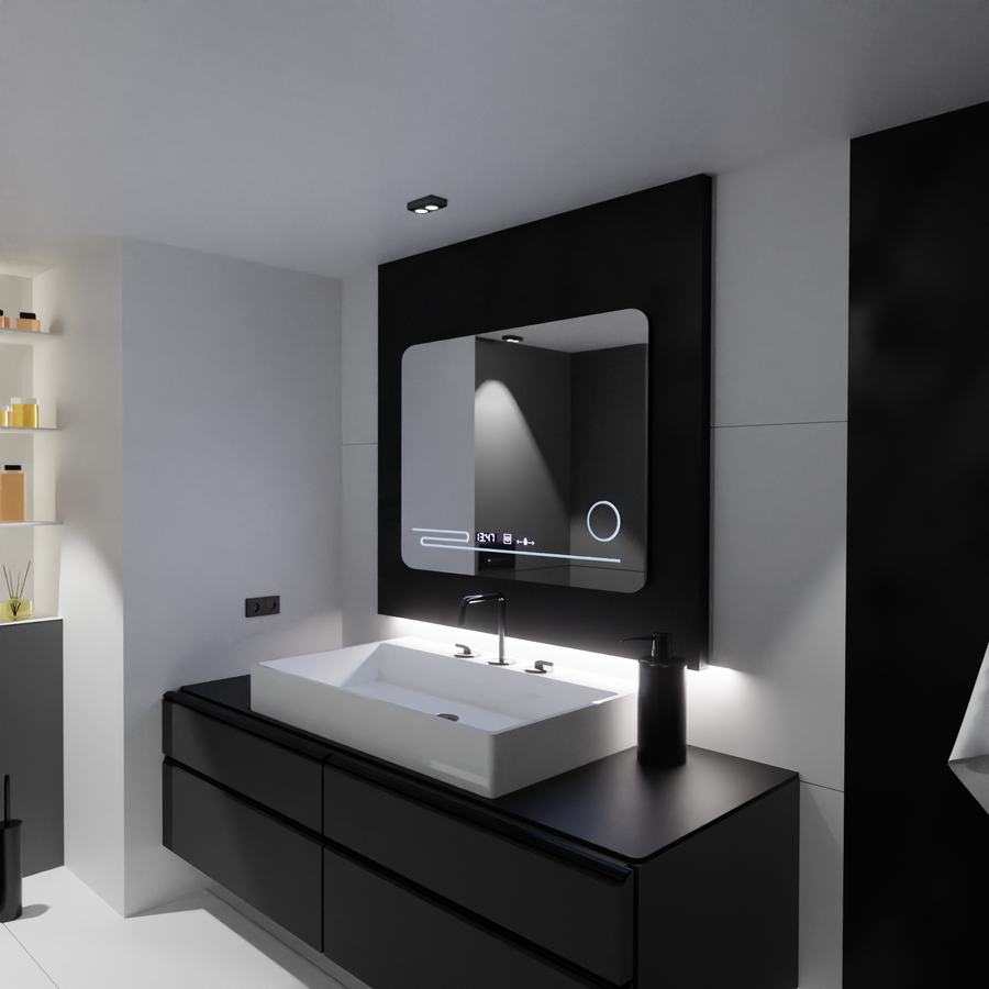 Правоъгълно LED огледало, 80x60 см, Harmonie MotionGlow Marcello, система за обезпотяване, термометър и часовник, козметична лупа, димируеми огледала Marcello Заглавие по подразбиране Alessandro Design