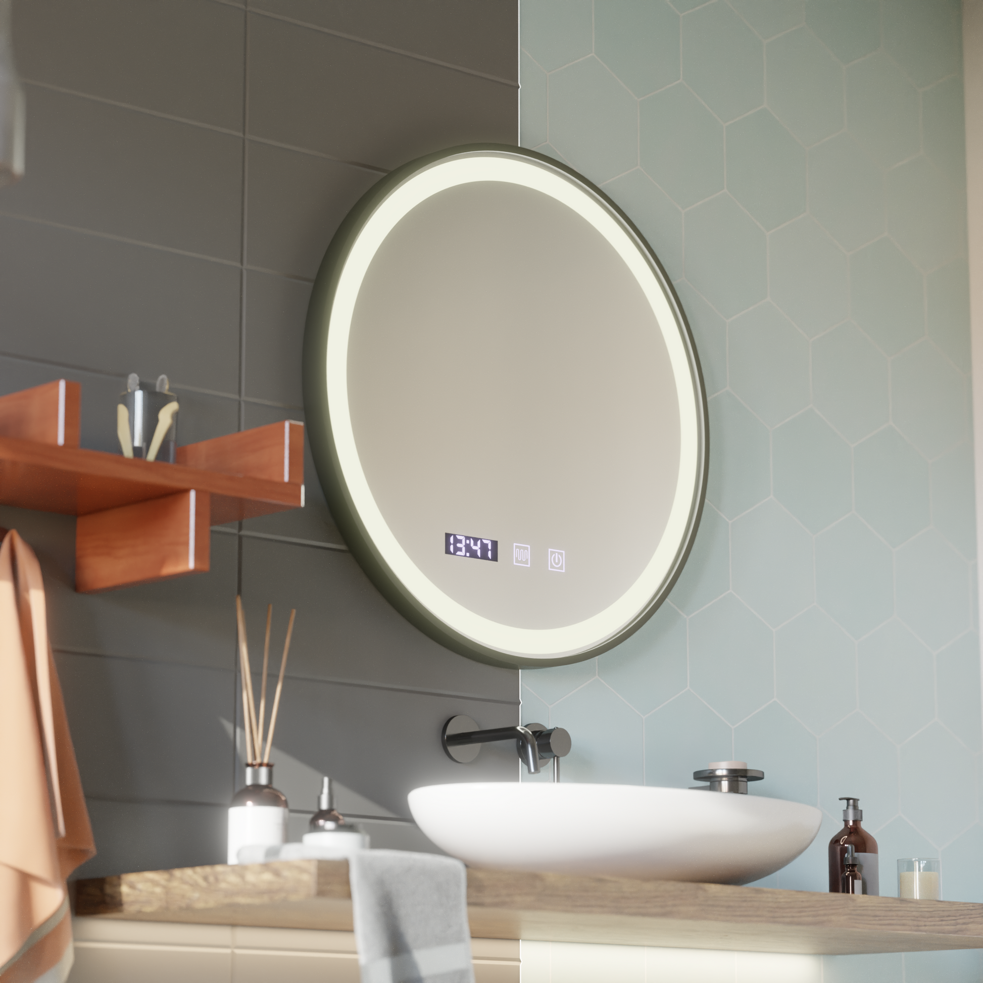 Огледало LED Touch NOVARA Demister System, Clock and Temperature 80 cm Frame Black Brushed Mirrors Korman S Заглавие по подразбиране Alessandro Design