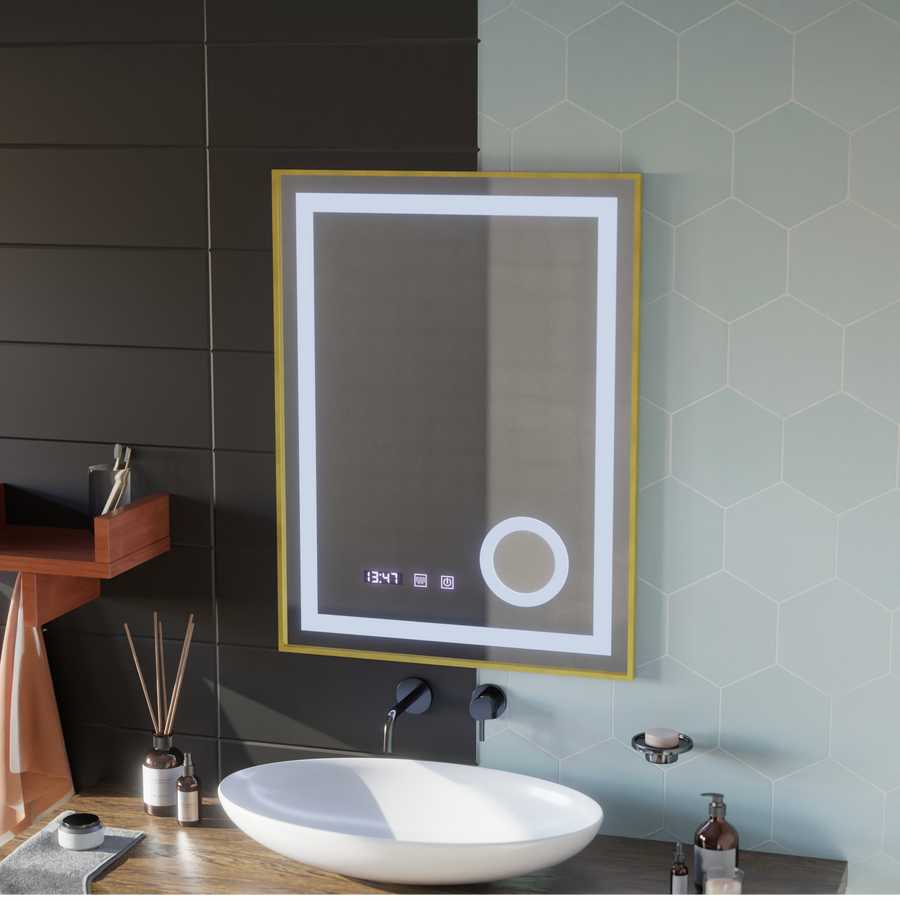 LED Touch CLARUS Система за размразяване на огледалото, часовник и температура 60x80 cm Златна рамка Полирана козметична лупа Огледала Korman S Заглавие по подразбиране Alessandro Design