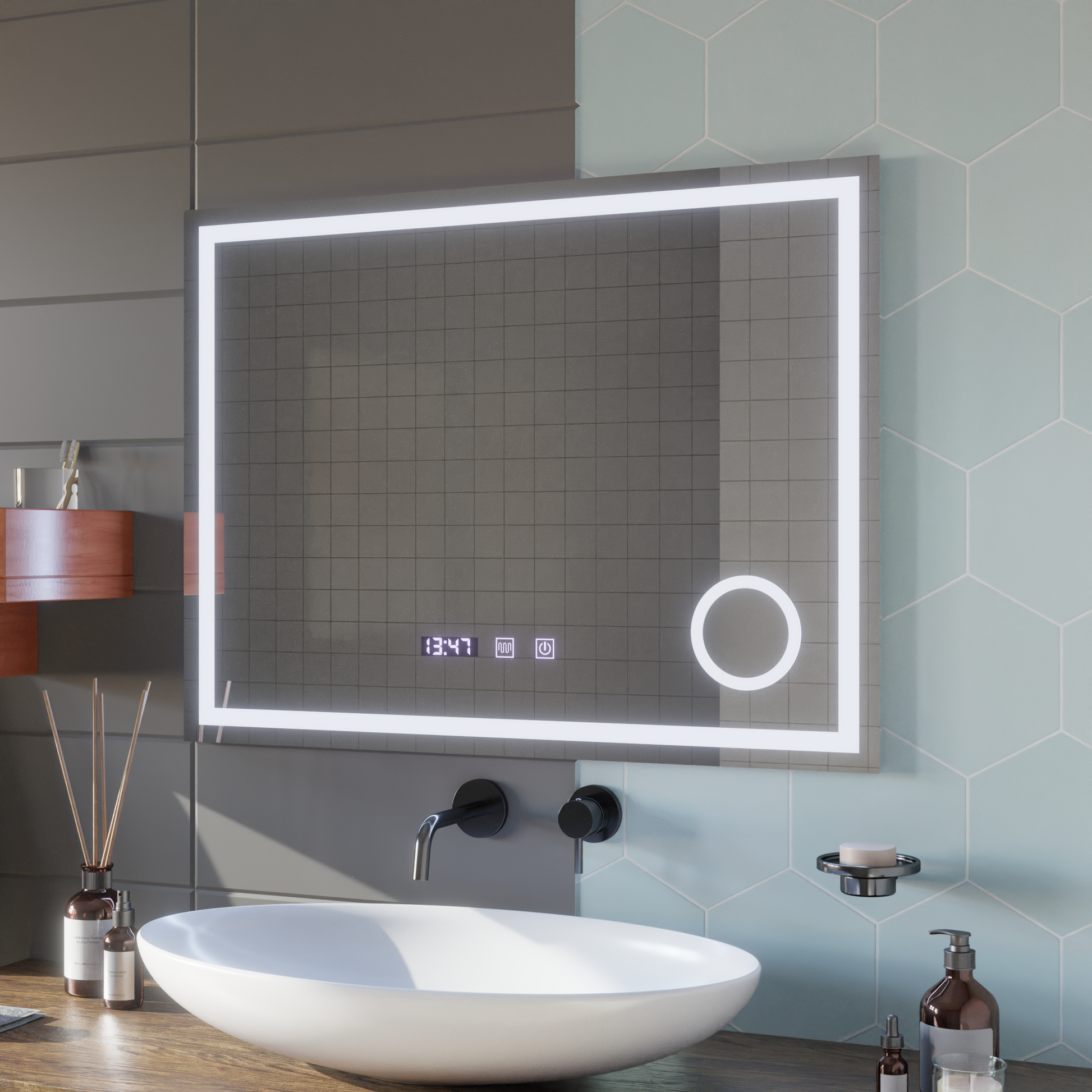 LED сензорно огледало NIVERA Система против запотяване, часовник и температура 80x60 cm Козметична лупа Огледала Korman S Заглавие по подразбиране Alessandro Design