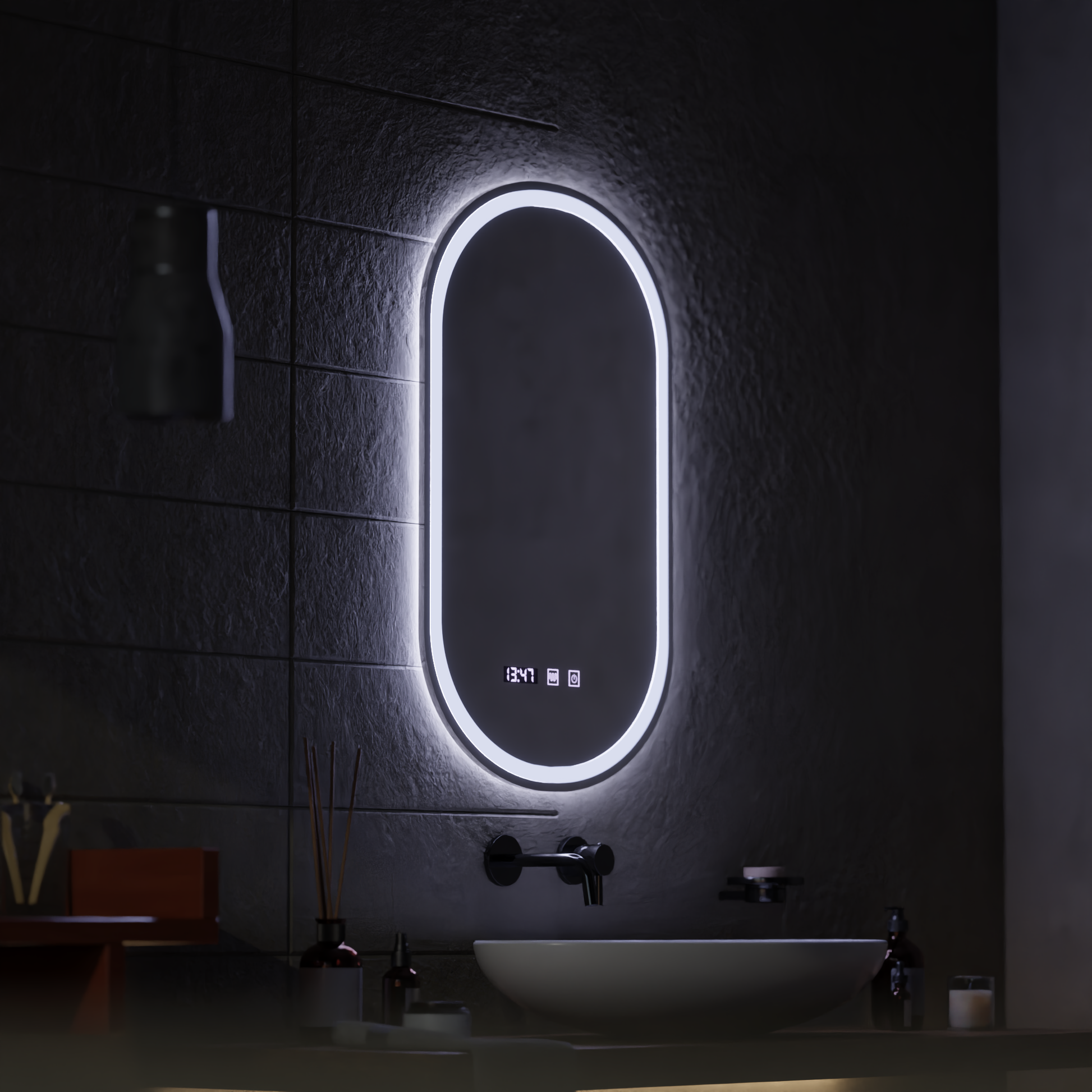 LED сензорно огледало ONIRA Система за обезмъгляване, часовник и температура 50x80 cm Огледала Korman S Заглавие по подразбиране Alessandro Design