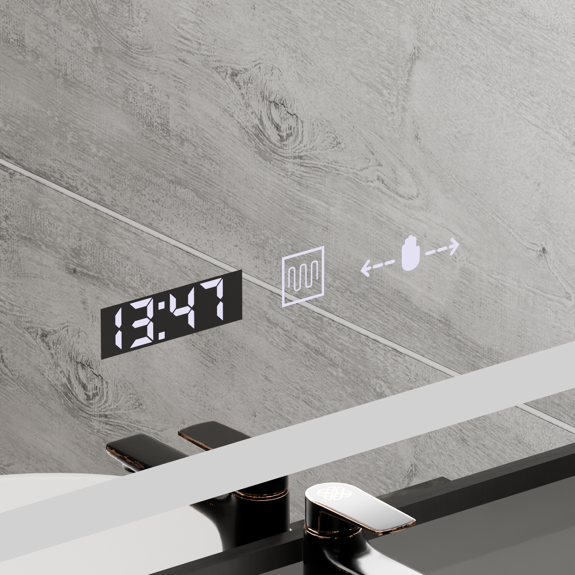 Правоъгълно LED огледало, 50x70 см, Verite Majeste Noir Motion Glow Marcello, система за обезпотяване, часовник и термометър, димируеми огледала Marcello Заглавие по подразбиране Alessandro Design