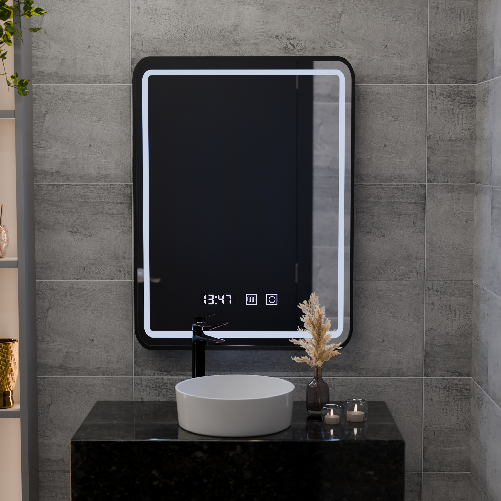 Огледало LED Touch LUCIDA Система за обезпотяване, часовник и температура 50x70 см рамка Черни огледала Korman S Заглавие по подразбиране Alessandro Design