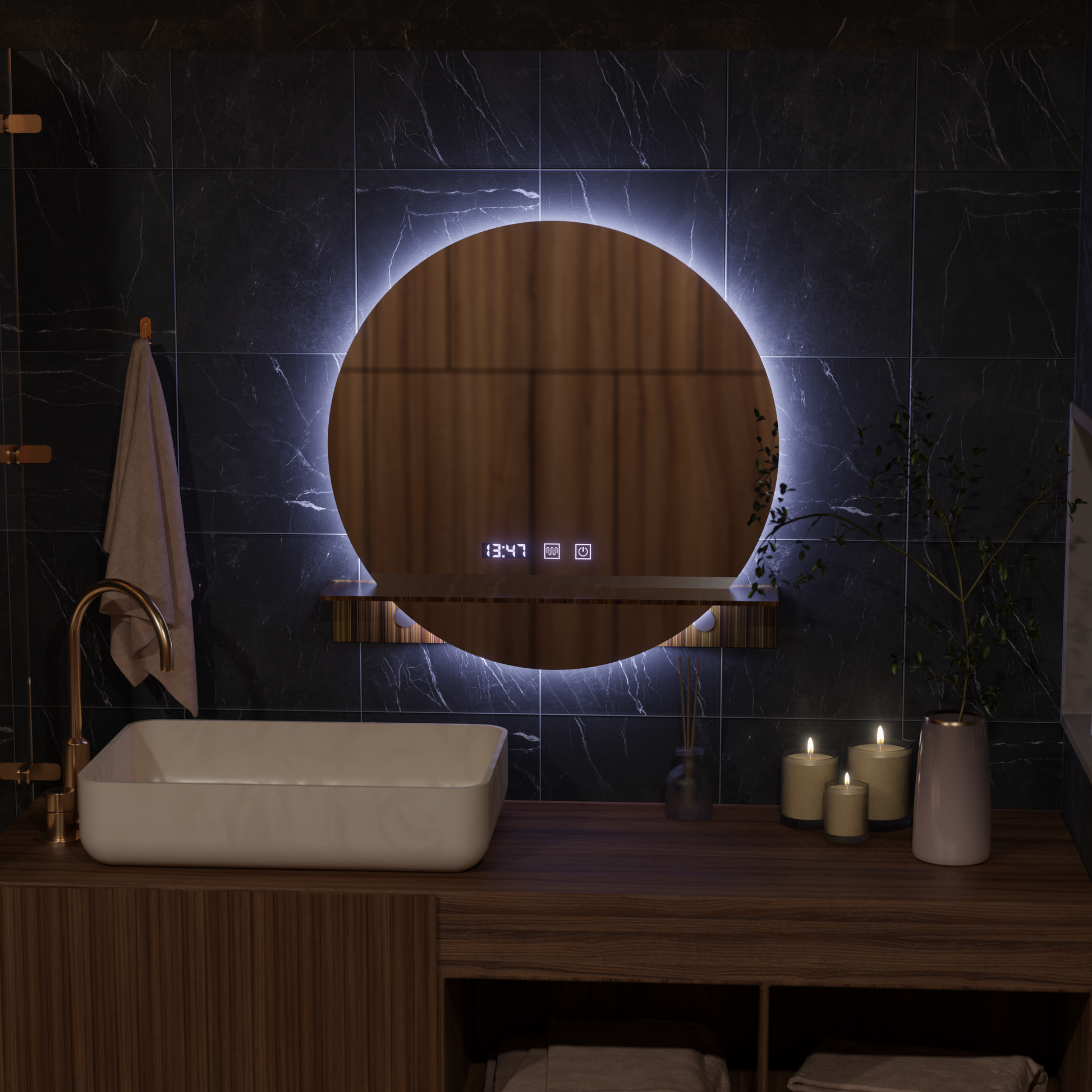 Огледало LED Touch Alfred Система за обезпотяване, часовник и температура 60x60 см с интегрирана поддръжка Огледала Korman S Заглавие по подразбиране Alessandro Design