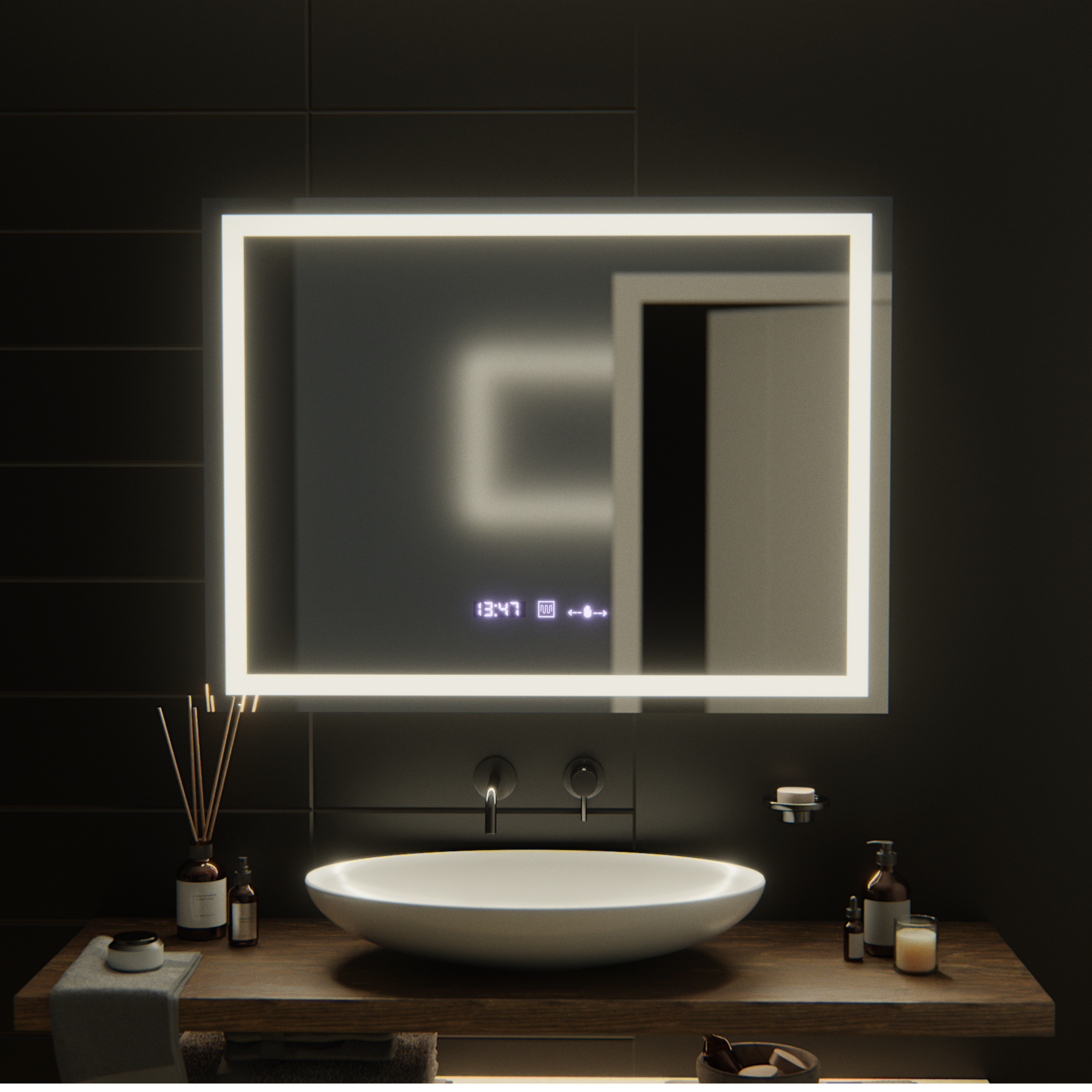Правоъгълно LED огледало, 100x75 см, Verite MotionGlow Marcello, система за обезпотяване, часовник и термометър, димируеми огледала Marcello Заглавие по подразбиране Alessandro Design