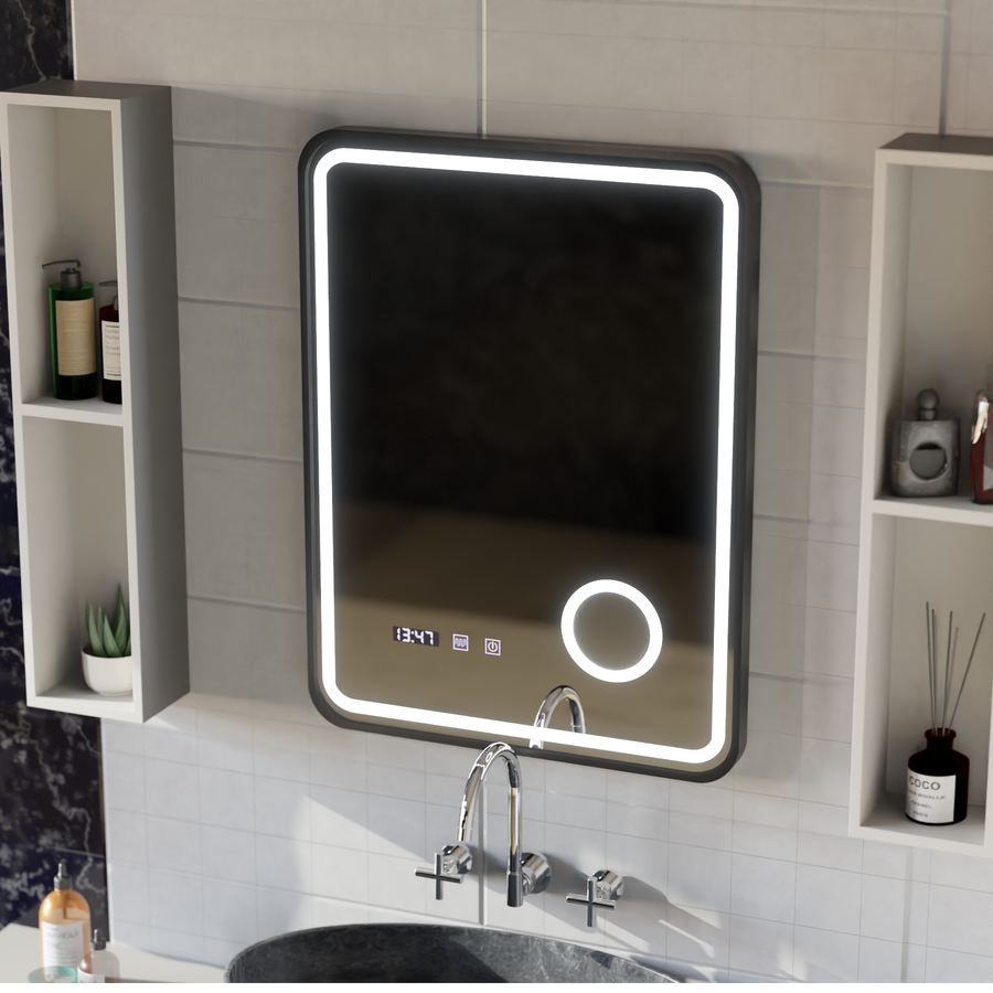 Ulrich LED сензорна система за размразяване на огледалото, часовник и температура 75x90 cm Черна рамка Матирана козметична лупа Огледала Korman S Заглавие по подразбиране Alessandro Design