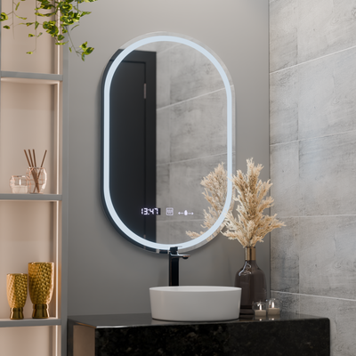 Овално LED огледало, 50x80 см, Eminence MotionGlow Marcello, система против запотяване, часовник и термометър, димиране