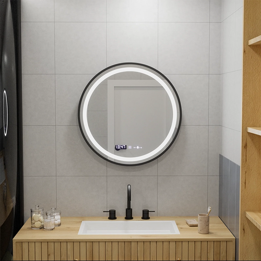 LED кръгло огледало, 60 см, Celeste Majesté Noir MotionGlow Marcello, система против запотяване, часовник и термометър, димируем
