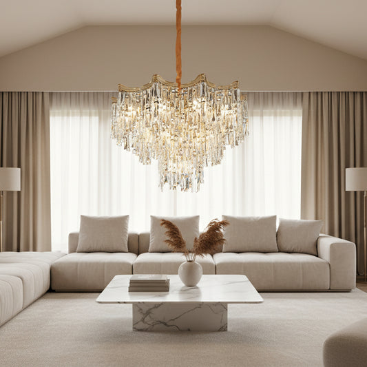 Candelabru Cristal VETRA Nobile 6xE14, D40 cm, Auriu, Inaltime Reglabila, Metal si Cristal
