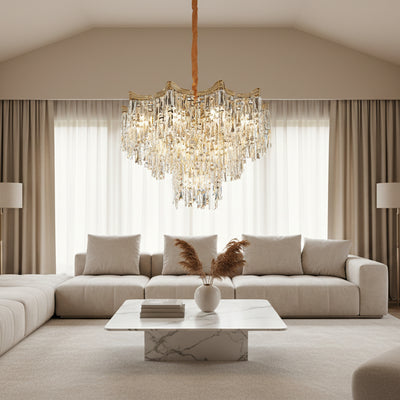 Candelabru Cristal VETRA Nobile 6xE14, D40 cm, Auriu, Inaltime Reglabila, Metal si Cristal