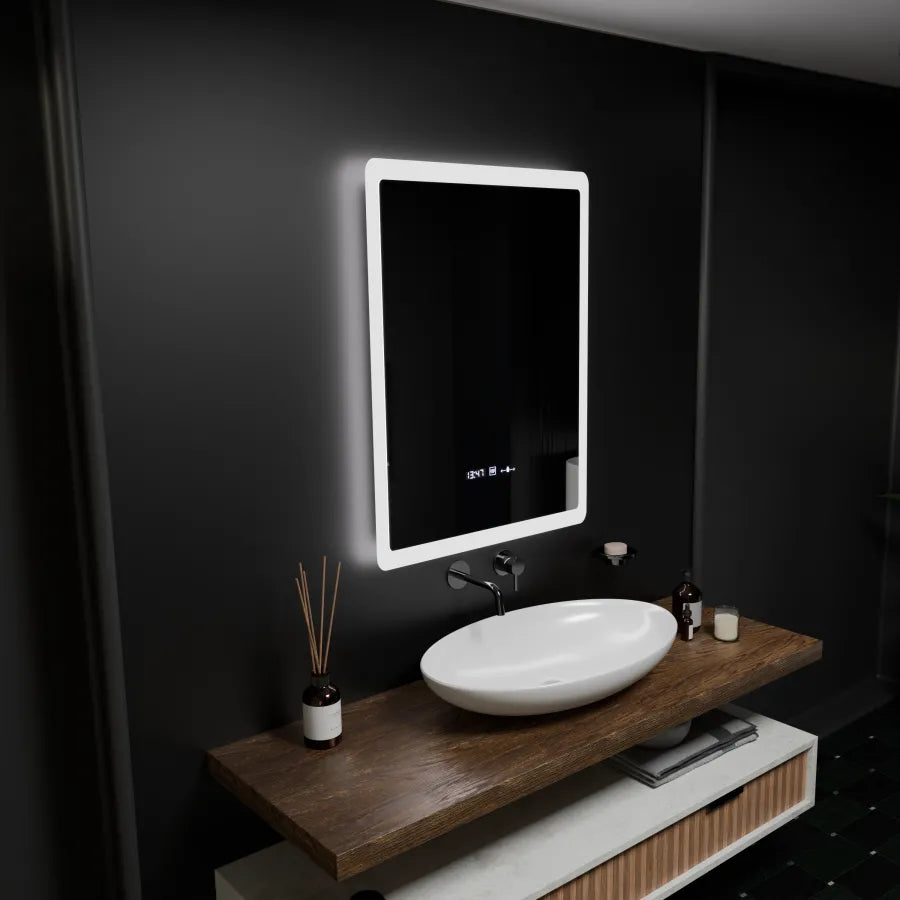 Правоъгълно LED огледало, 60x80cm, сензор ELANCEE MotionGlow Marcello, система за обезпотяване, часовник и термометър, димируеми огледала Marcello Заглавие по подразбиране Alessandro Design