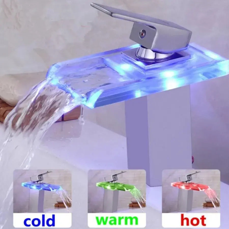 Смесител за мивка, сплав и стъкло, хром, RGB светлина, промяна на цвета в зависимост от температурата на водата, OD3008 Смесители за баня Заглавие по подразбиране Alessandro Design