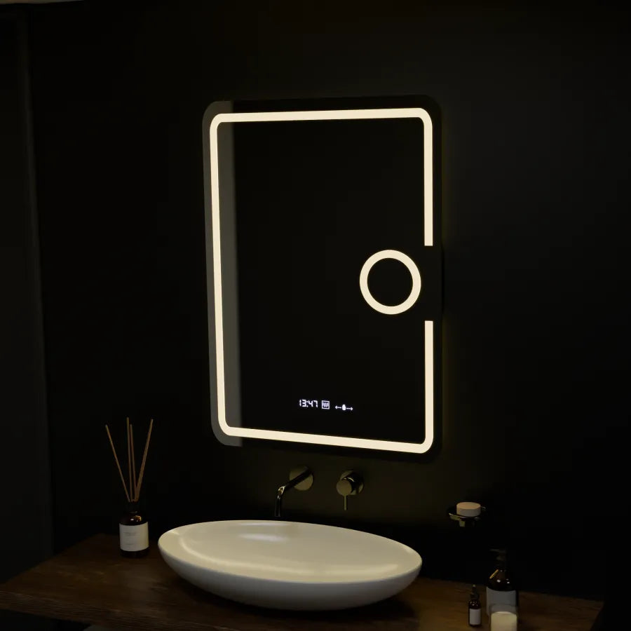Правоъгълно LED огледало, 50x70 см, Eclat MotionGlow Marcello, система за обезпотяване, часовник и термометър, козметична лупа, димируеми огледала Marcello Заглавие по подразбиране Alessandro Design