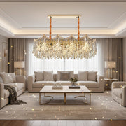 Candelabru Cristal VETRA Supremo 15xE14, 100x35 cm, Auriu, Inaltime Reglabila, Metal si Cristal