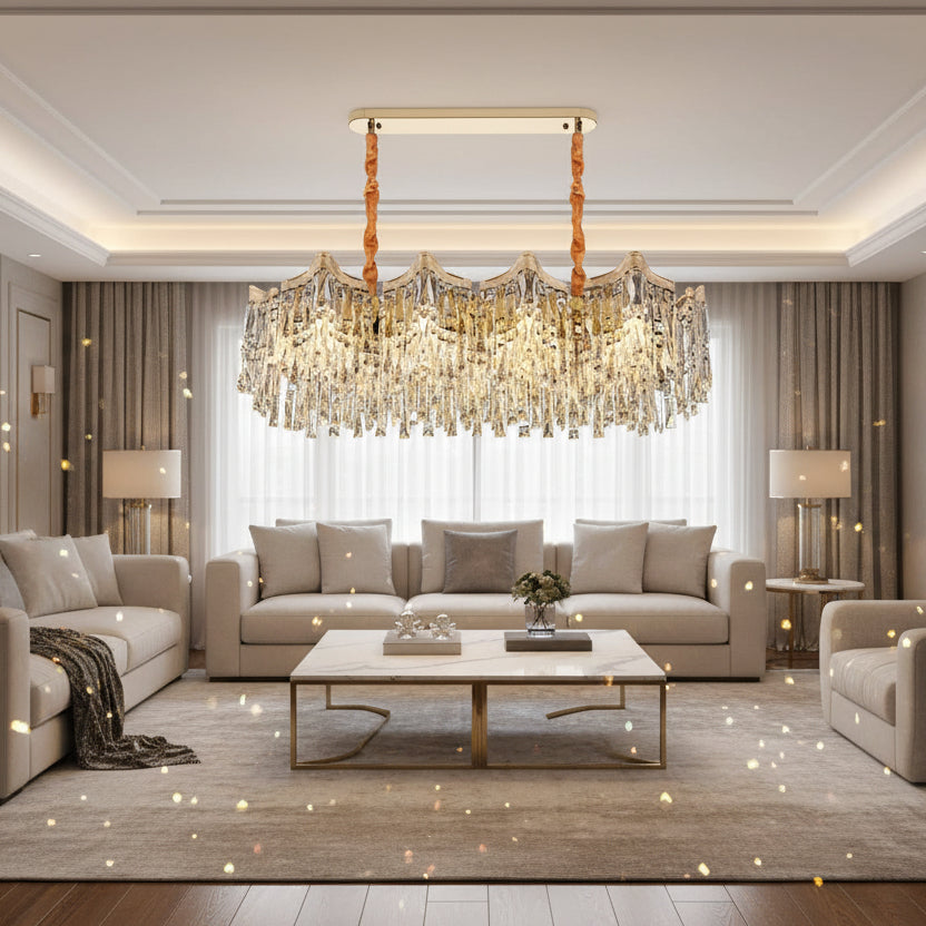 Candelabru Cristal VETRA Supremo 15xE14, 100x35 cm, Auriu, Inaltime Reglabila, Metal si Cristal
