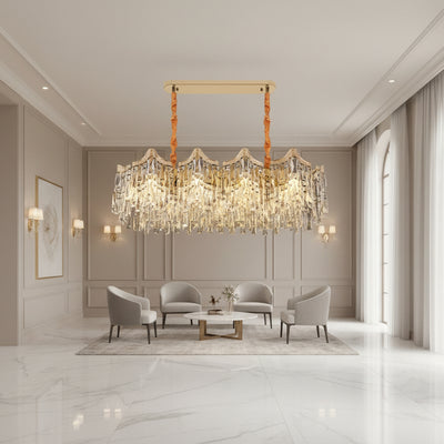 Candelabru Cristal VETRA Supremo 15xE14, 100x35 cm, Auriu, Inaltime Reglabila, Metal si Cristal