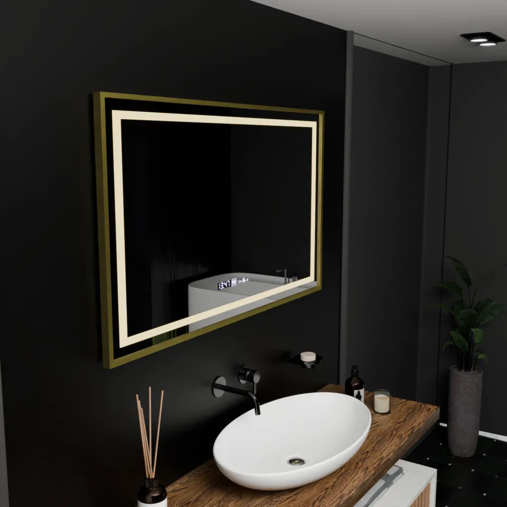 Правоъгълно LED огледало, 100x80 см, Verite Royale Gold Motion Glow Marcello, система за обезпотяване, часовник и термометър, димируеми огледала Marcello Заглавие по подразбиране Alessandro Design