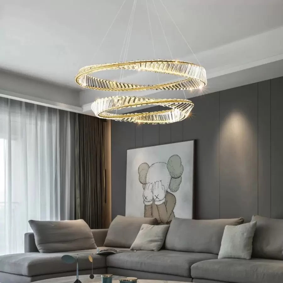 Окачен LED полилей с дистанционно управление и кристал CAIRO 98W, 2 кръга, Студена/Топла/Неутрална светлина, Димируем, Блестящо злато, Регулируема по височина Кристални LED полилеи Заглавие по подразбиране Alessandro Design