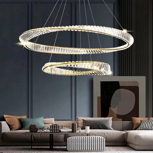Окачен LED полилей с дистанционно управление и кристал CAIRO 98W, 2 кръга, Студена/Топла/Неутрална светлина, Димируем, Блестящо злато, Регулируема по височина Кристални LED полилеи Заглавие по подразбиране Alessandro Design