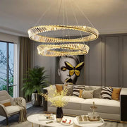 Окачен LED полилей с дистанционно управление и кристал CAIRO 98W, 2 кръга, Студена/Топла/Неутрална светлина, Димируем, Блестящо злато, Регулируема по височина Кристални LED полилеи Заглавие по подразбиране Alessandro Design