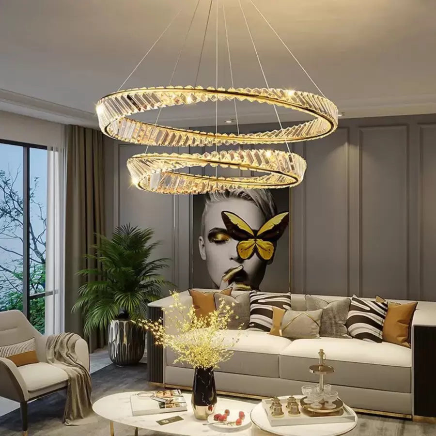 Окачен LED полилей с дистанционно управление и кристал CAIRO 98W, 2 кръга, Студена/Топла/Неутрална светлина, Димируем, Блестящо злато, Регулируема по височина Кристални LED полилеи Заглавие по подразбиране Alessandro Design