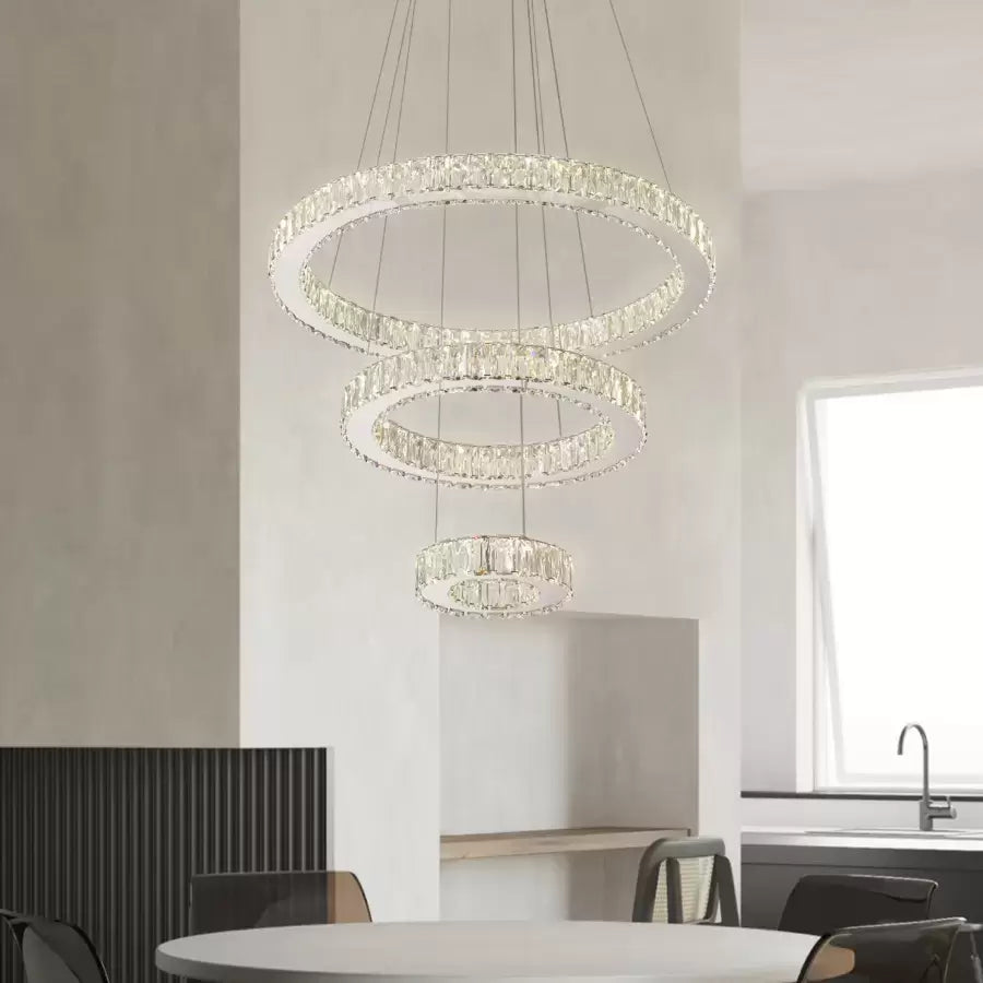 Окачен LED полилей с дистанционно управление и кристал CANAAN 120W, 3 кръга, Студена/Топла/Неутрална светлина, Димируем, Блестящ хром, Регулируема височина Кристални LED полилеи Заглавие по подразбиране Alessandro Design