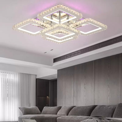 LED полилей с кристално дистанционно QUADRIA SUPREMO RGB, 143W, 5 квадрата, Студена/Топла/Неутрална светлина, Димиране, Блестящ хром