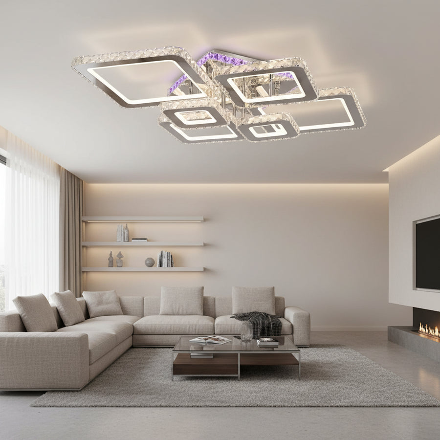 LED полилей с дистанционно управление и кристал NOVA RHOMBA RGB 168W, 6 квадрата, студена/топла/неутрална светлина, димиране, блестящи хромирани LED полилеи и кристали Заглавие по подразбиране Alessandro Design