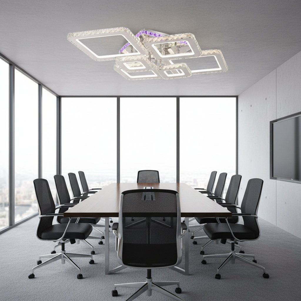LED полилей с дистанционно управление и кристал NOVA RHOMBA RGB 168W, 6 квадрата, студена/топла/неутрална светлина, димиране, блестящи хромирани LED полилеи и кристали Заглавие по подразбиране Alessandro Design