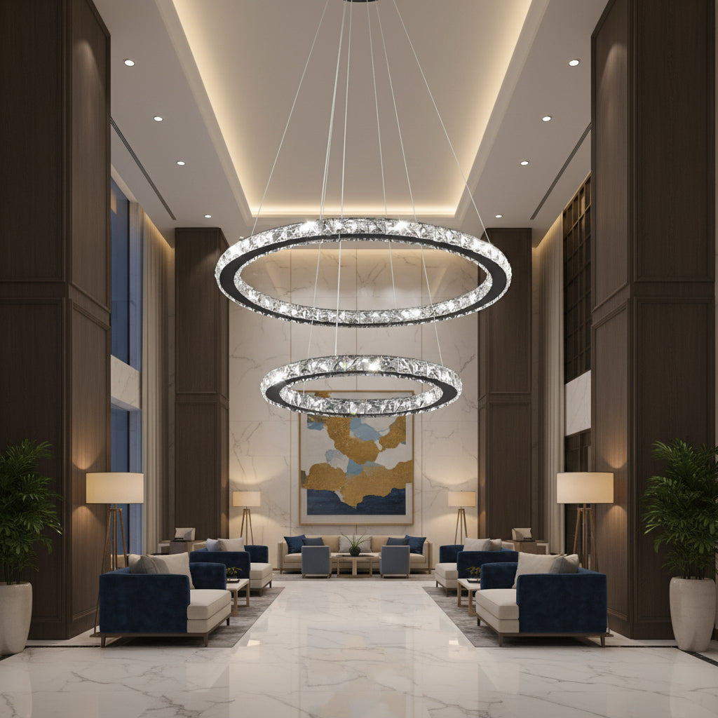 LED полилей с дистанционно управление и кристал PRISM LUMINIS 58W, 2 кръга, студена/топла/неутрална светлина, димиране, хром и бяло, регулируема височина LED полилеи с дистанционно управление Заглавие по подразбиране Alessandro Design