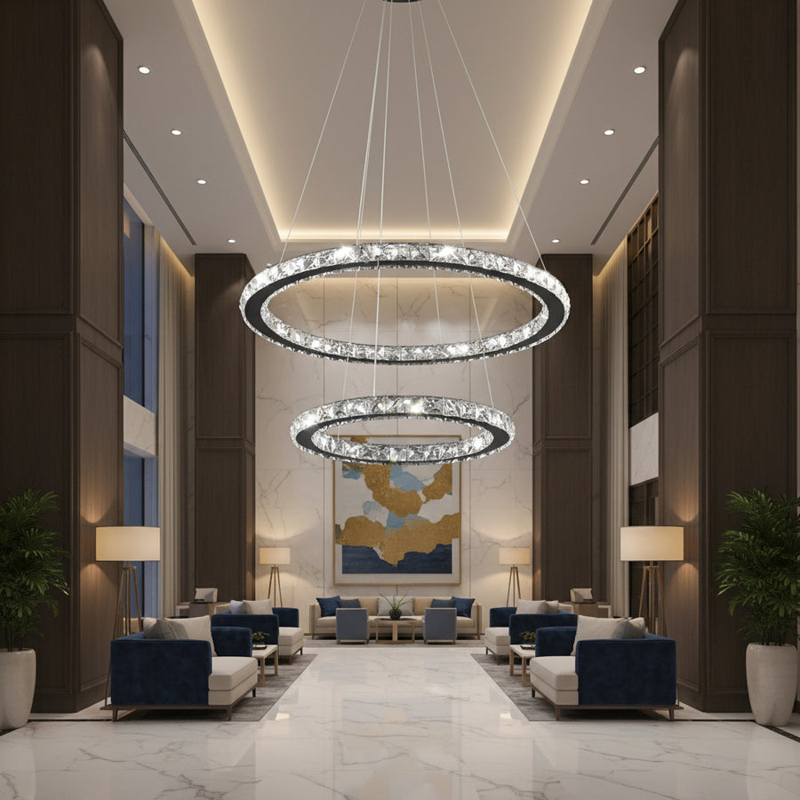 LED полилей с дистанционно управление и кристал PRISM LUMINIS 58W, 2 кръга, студена/топла/неутрална светлина, димиране, хром и бяло, регулируема височина LED полилеи с дистанционно управление Заглавие по подразбиране Alessandro Design