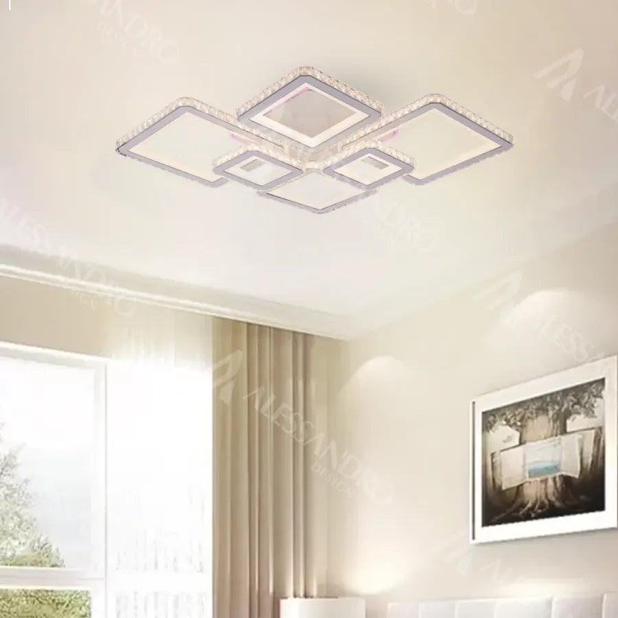 LED полилей с дистанционно управление и кристален QUADRIS RGB 175W, 6 квадрата, студена/топла/неутрална светлина, димируем, бял LED полилей с дистанционно управление Заглавие по подразбиране Alessandro Design