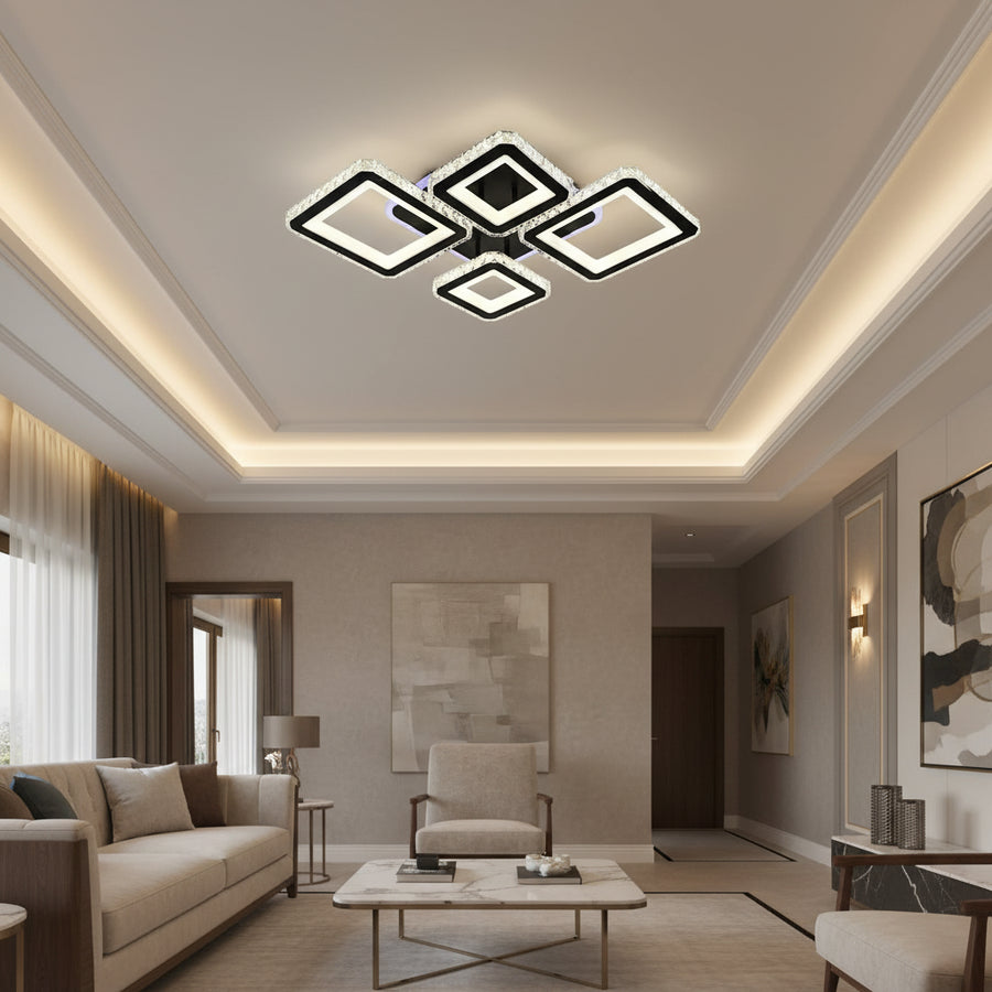 LED полилей с дистанционно управление и кристален QUADRIS RGB 96W, 4 квадрата, студена/топла/неутрална светлина, димируем, черен LED полилей с дистанционно управление Заглавие по подразбиране Alessandro Design