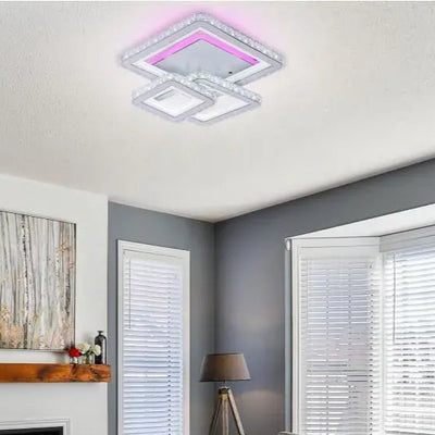 LED полилей с дистанционно управление и кристал LEILA 87W, 3 квадрата, Студена/Топла/Неутрална светлина, Димируем, Бял