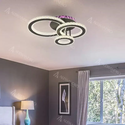 LED полилей с дистанционно управление и кристал LEOCADIA RGB 134W, 3 кръга, Студена/Топла/Неутрална светлина, Димируем, Черен