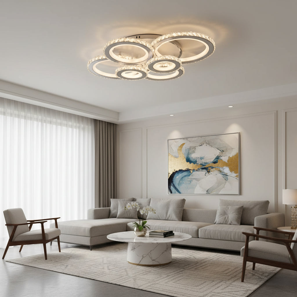 LED полилей с дистанционно управление и кристал NOVA ROTONDA RGB 145W, 6 кръга, студена/топла/неутрална светлина, димируем, бял кристал LED полилеи Заглавие по подразбиране Alessandro Design