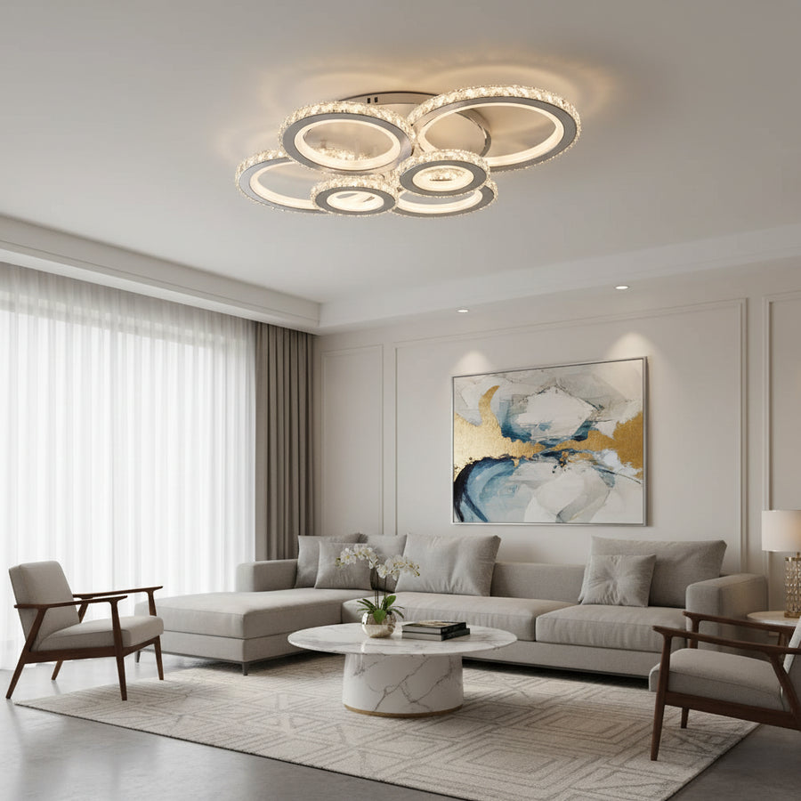LED полилей с дистанционно управление и кристал NOVA ROTONDA RGB 145W, 6 кръга, студена/топла/неутрална светлина, димируем, бял кристал LED полилеи Заглавие по подразбиране Alessandro Design