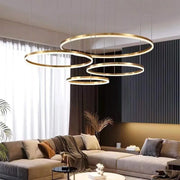 Окачен LED полилей с дистанционно управление ADELAIDA 226W, 4 кръга, Студена/Топла/Неутрална светлина, Димиране, Блестящо злато, Регулируема височина Модерни полилеи Заглавие по подразбиране Alessandro Design