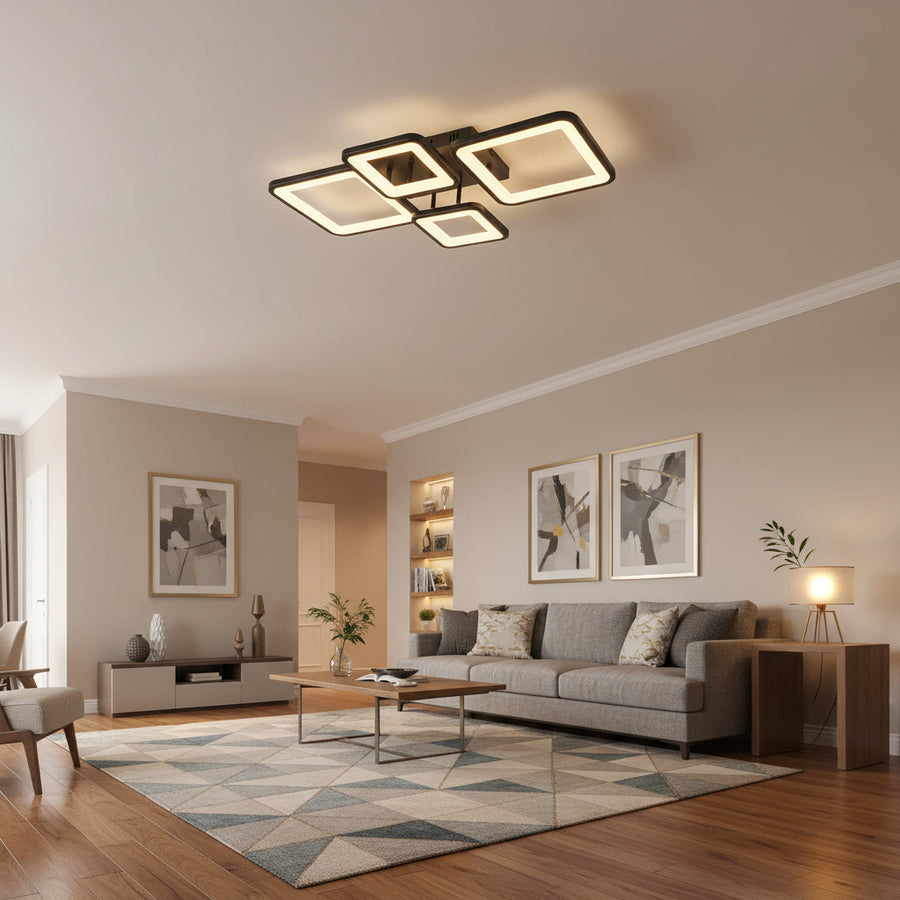 LED полилей с дистанционно управление MUGE 112W, 4 квадрата, студена/топла/неутрална светлина, димируем, черен LED полилей с дистанционно управление Заглавие по подразбиране Alessandro Design