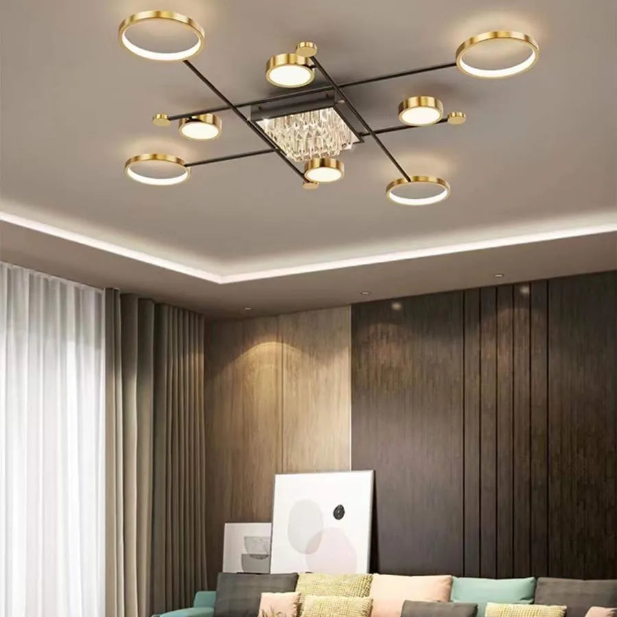 LED полилей с дистанционно управление и кристал MISEL 168W, 9 елемента, студена/топла/неутрална светлина, възможност за димиране, черно злато LED полилеи с дистанционно управление Заглавие по подразбиране Alessandro Design