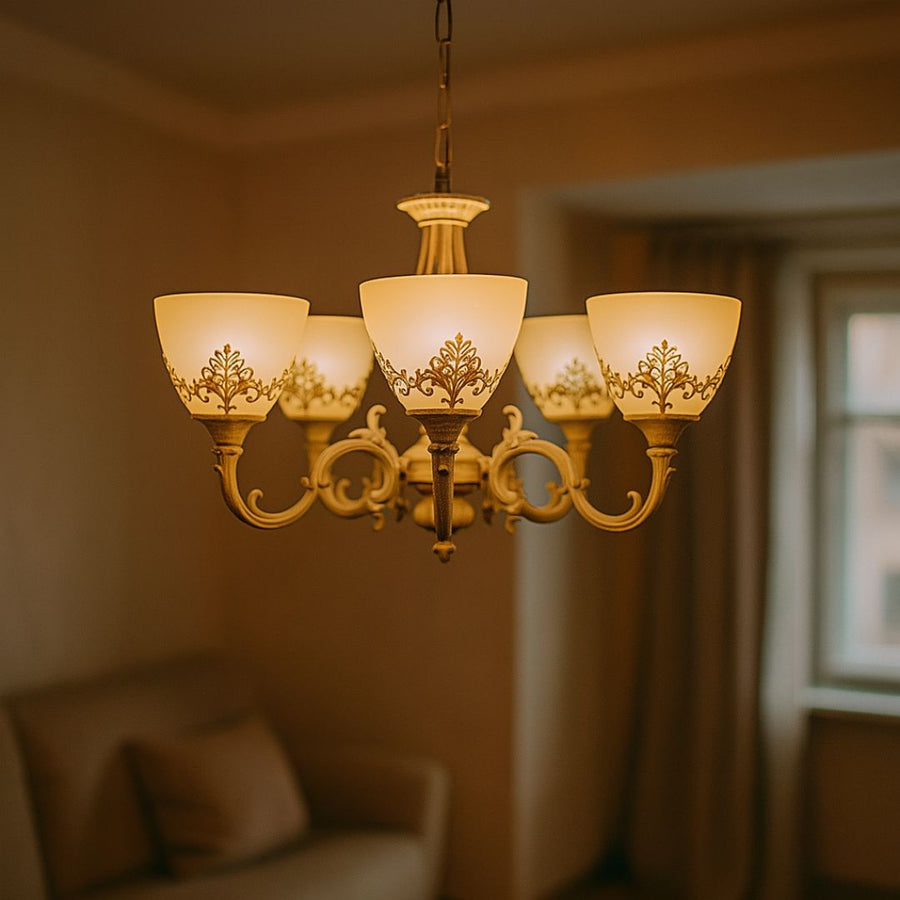 VINTAGE полилей, тип висулка с рамена, COTTAGE, кръгъл, 5xE27, стъкло и метал, бели класически полилеи Заглавие по подразбиране Alessandro Design
