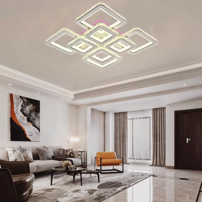 LED полилей с дистанционно управление и кристал LEILA 175W, 8 квадрата, студена/топла/неутрална светлина, димиране, гланцово хром бяло