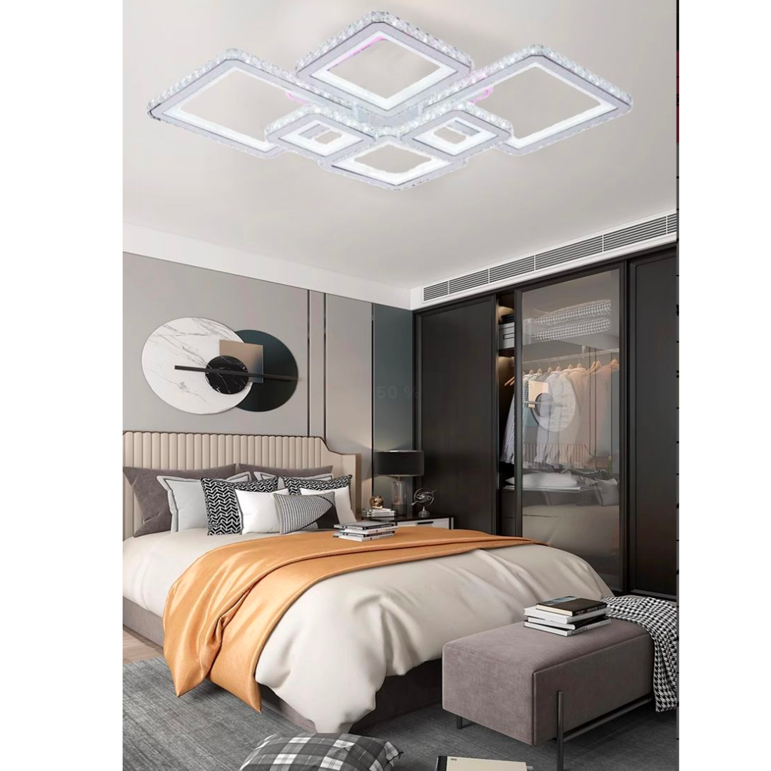 LED полилей с дистанционно управление и кристален QUADRIS RGB 175W, 6 квадрата, студена/топла/неутрална светлина, димируем, бял LED полилей с дистанционно управление Заглавие по подразбиране Alessandro Design