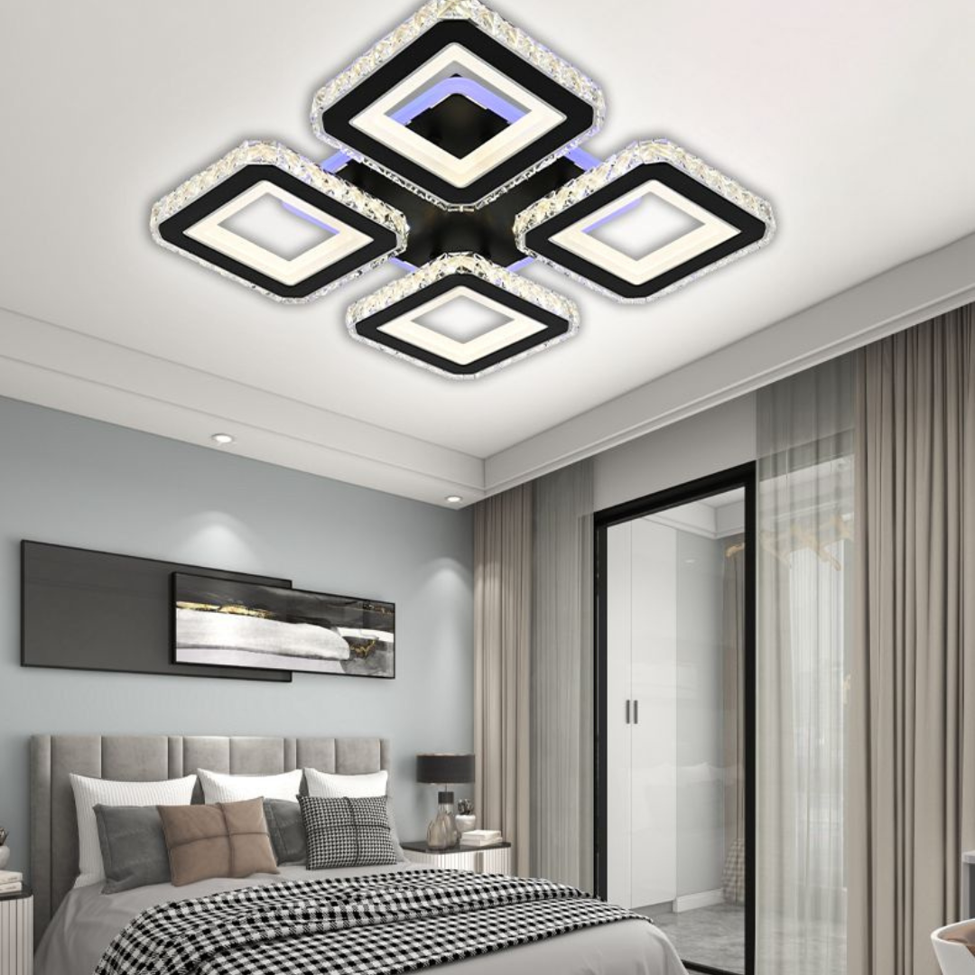 LED полилей с дистанционно управление и кристал LEILA RGB 69W, 4 квадрата, студена/топла/неутрална светлина, димируем, черен LED полилей с дистанционно управление Заглавие по подразбиране Alessandro Design